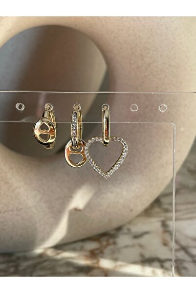 XUPING JEWELRY VIP Üçlü 14K Kalp Desenli Düğme Detaylı Küpe Seti