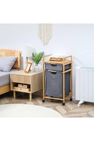 Bin shihoon Bamboo storage unit with wheels, wooden shelf and two drawers, modern design
