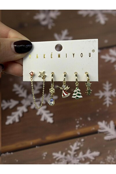 Bijouzel 6’lıYılbaşı Konsept Tekli Küpe Seti – Altın Renk – Melek / Yılbaşı Ağacı / Kristal Detaylı