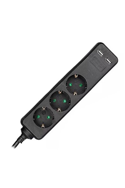 KlaussTech Extension Cord 3 Way + 2 USB Black, 1.5m