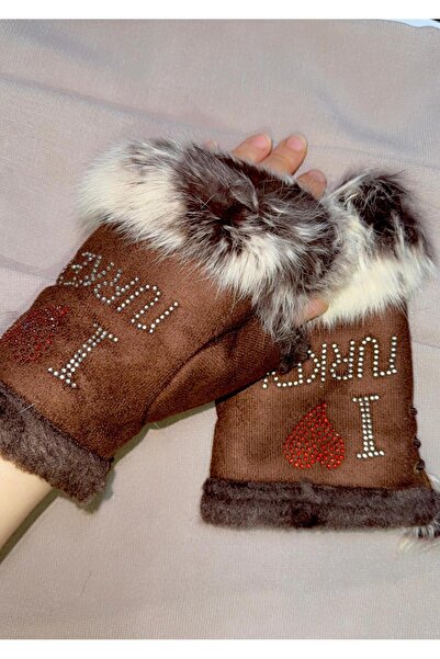 JHTshop قفازات شتوية بدون أصابع مغطاة بالفرو أنا أحب تركيا