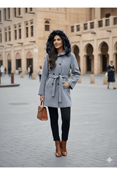 alqarat Double-Breasted Belted Wool Blend Coat with Faux Fur Hood