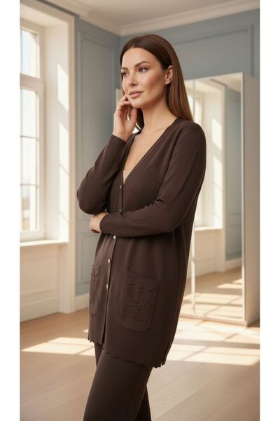 larocci Leaf Detailed Cardigan Chocolate +Shawl Gift