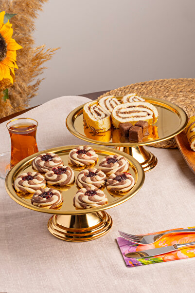 Efsun 2-Piece Gold Round, Stylish Design Cake, Pastry, Cookie, and Dessert Serving Presentation Stand with Legs