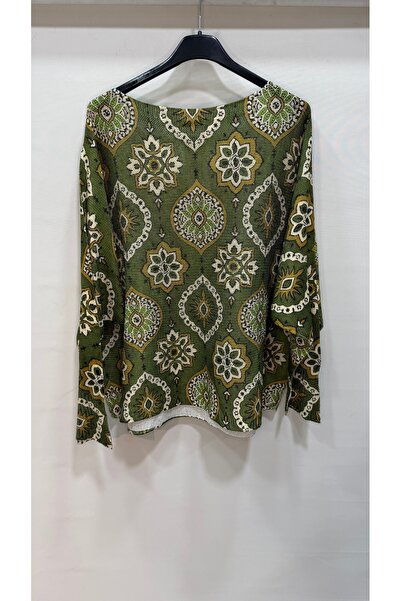 della moor Khaki Italian Ethnic Pattern Batwing Sleeve Mercerized Blouse