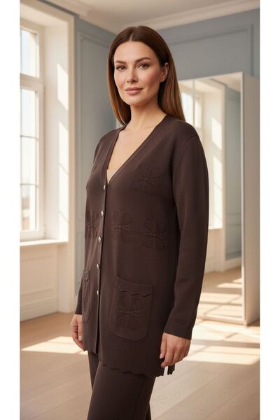 larocci Leaf Detailed Cardigan Chocolate +Shawl Gift