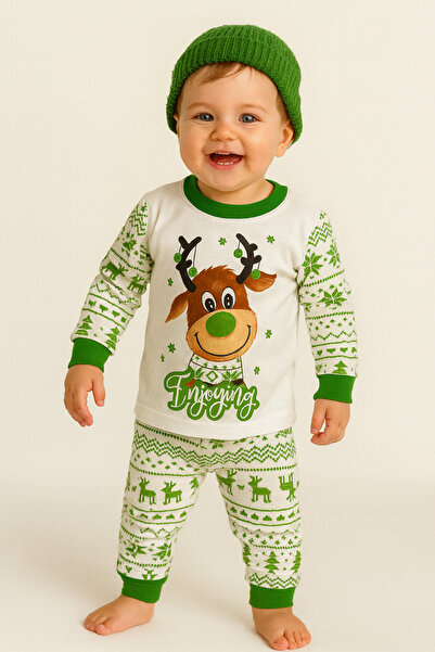 Bilge Trend Green-White New Year, Christmas Deer 100% Cotton Children's Pajama Set (1 Piece Is a Pajama Set)