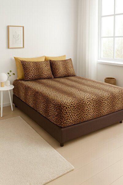 rabiatekstil Battal Size Leopard Pattern Elastic Fitted Sheet Set – Non-Slip Fully Fitted Flexible Sheet