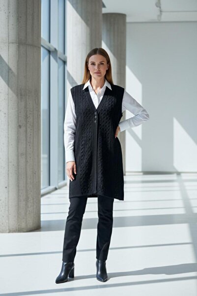 larocci Slit Detailed Long Vest Black +Shawl Gift