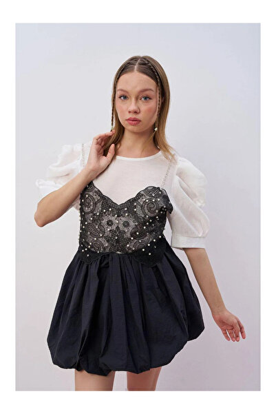 MY LORİN KİDS STORE KIZ 7991 KREP DANTEL BÜSTİYERLİ TSHIRT BEYAZ