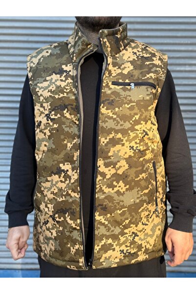 DostumGiyim Men's Khaki Woolen Hunting Vest with Soldier Pattern