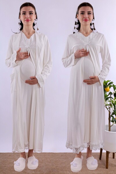 ByLohusa Effortt Ecru Maternity Nightgown Set with Dressing Gown
