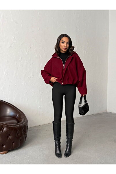 VELZANA Burgundy Bomber Short Cashmere Coat Jacket