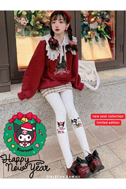 Girlboss Kawaii Kuromi Christmas White Pantyhose Matte Opaque New Year