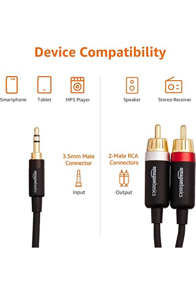 Amazon basics 3.5mm Aux to 2 RCA Adapter Audio Cable for Stereo Speaker or Subwoofer, 1.22 m, Black