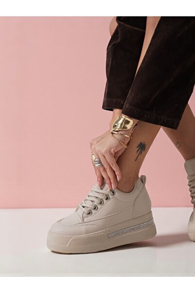 Jarrox Shoes Comfy Beige Colored Hidden Wedge Heeled Stone Detailed Flat Bottom Sneaker Sports Shoes