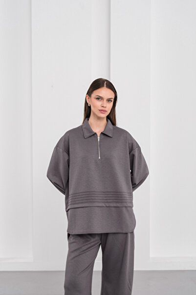 BLUE DAY'S Women's Oversized Zippered Half Fisherman Soft & Wide Leg Pants Double Set