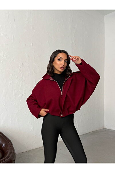 VELZANA Burgundy Bomber Short Cashmere Coat Jacket