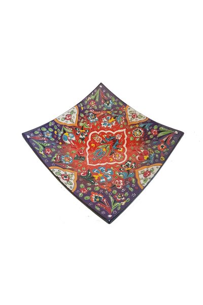 EHA Handmade ceramic plate, Turkish style, 18x18 cm, Multicolor red with flowers,