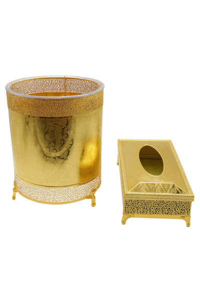 ALQANNAS طقم سلة مهملات وعلبة مناديل ذهبية | سلة مهملات وعلبة مناديل أنيقة وعالية الجودة