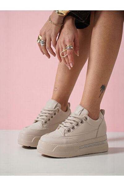 Jarrox Shoes Comfy Beige Colored Hidden Wedge Heeled Stone Detailed Flat Bottom Sneaker Sports Shoes