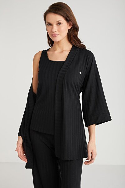 M MERC Giyim Combed Cotton Mood 3-Piece Short Sleeve Dressing Gown Pajamas Set