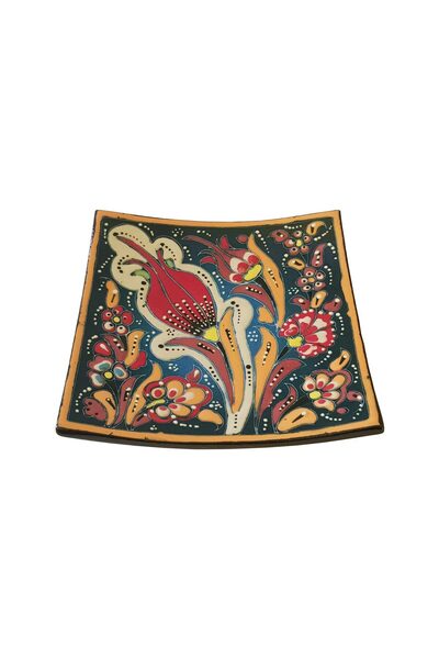 EHA Handmade ceramic plate, Turkish style, 13x13 cm, Multicolor with flowers,