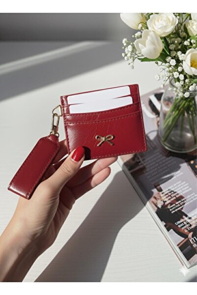 mlio Burgundy Key Detailed Bow Card Holder Wallet