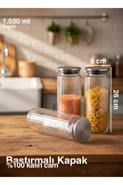 LİNGO HOME 1500 ml Glass Jar with Metal Lid - 3 Pcs - Patterned Glass Jar - 26 Cm* 9 cm
