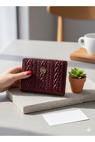 mlio Medium Size Faux Leather Wallet with Burgundy Embossed Knit Detail