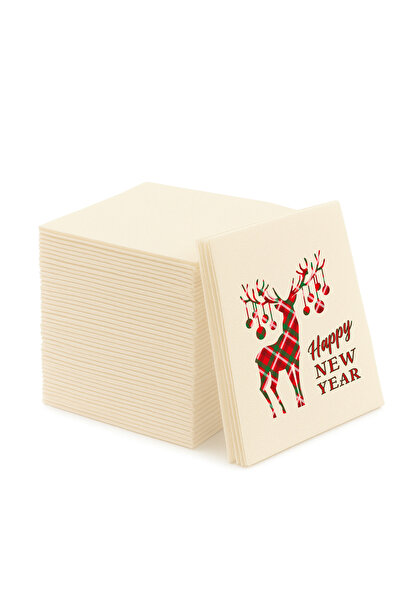 NapkinStore Kumaş Dokulu Deer New Year Baskılı Peçete 12'li