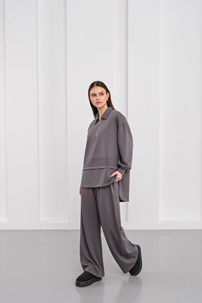 BLUE DAY'S Women's Oversized Zippered Half Fisherman Soft & Wide Leg Pants Double Set