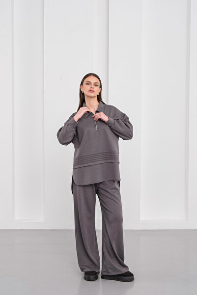 BLUE DAY'S Women's Oversized Zippered Half Fisherman Soft & Wide Leg Pants Double Set