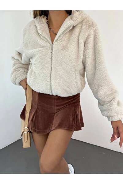 TİLLE Women's Rabbit Plush Fur Zippered Lined Coat