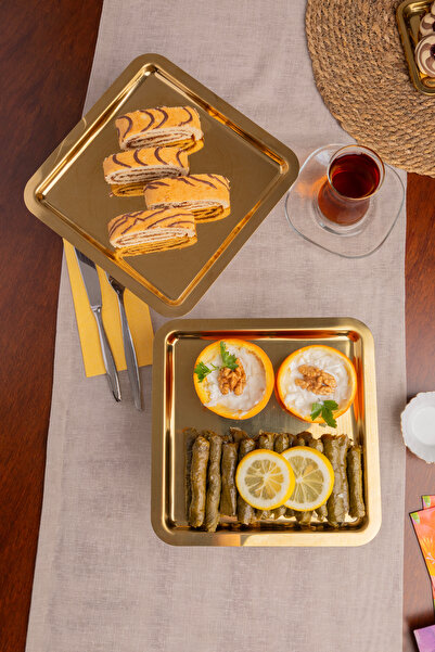 Efsun 2-Piece Gold Square, Stylish Design Cake, Pastry, Cookie, and Dessert Serving Presentation Stand with Legs