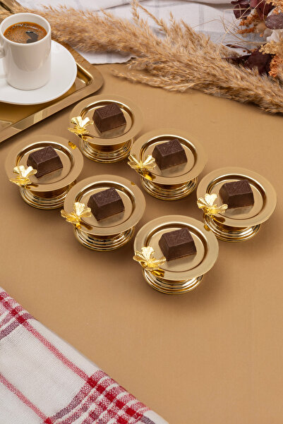 Efsun 6-Piece Butterfly Gold Macaron Bowl, Turkish Delight Bowl, Tea and Coffee Side Presentation Bowl, Metal Sugar Bowl