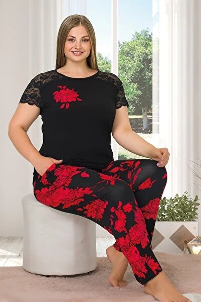 lidofya Lace Detailed Short Sleeve Plus Size Pajama Set