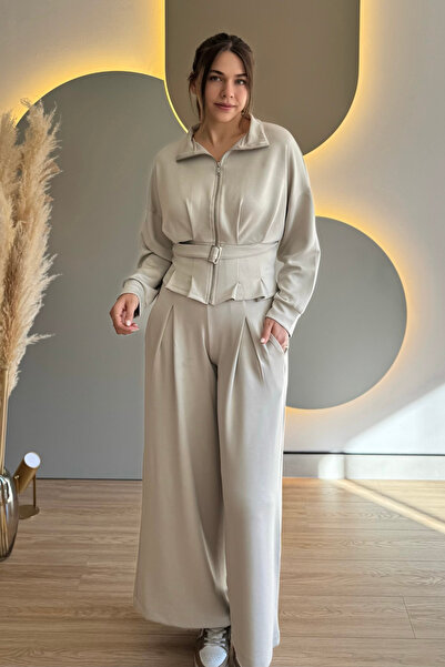 Aventien Premium Modal Fabric Belted Jacket Pants Beige Set