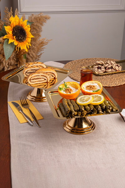 Efsun 2-Piece Gold Square, Stylish Design Cake, Pastry, Cookie, and Dessert Serving Presentation Stand with Legs