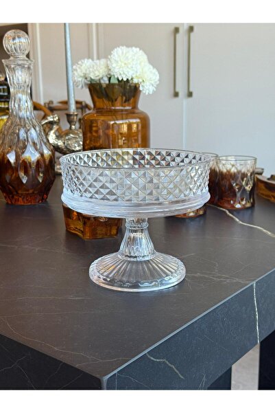 Miko Home & Garden Diamond Patterned Glass Footed Serving Bowl – Stylish Presentation Bowl / Cake – Dessert – Breakfast Stand