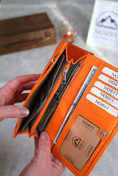 Norvi Leather Women's Genuine Leather Wallet with Plenty of Card Holders and Coin Compartment Orange 1228
