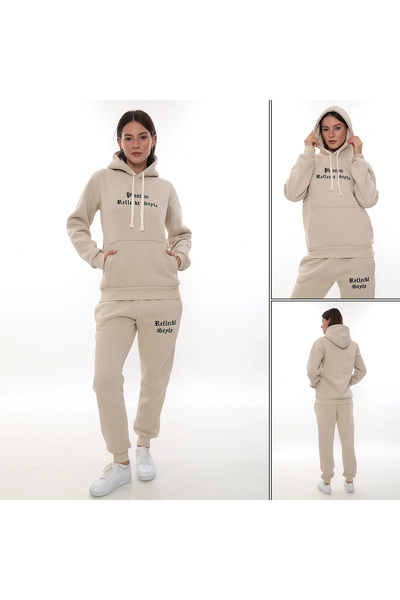 PHANTOM JEANS Beige Stylish Fleece Women's Tracksuit Set with Elasticated Legs and Pockets, Hooded Embroidery Details, Compact Set