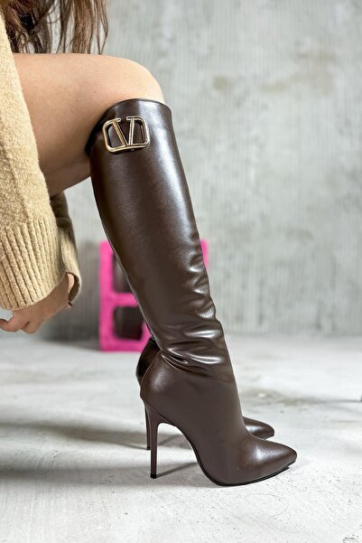 MissPapatya Verona Acı Kahev Skin Thin Heel Below Knee Buckle Women's Boots