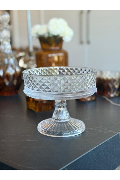 Miko Home & Garden Diamond Patterned Glass Footed Serving Bowl – Stylish Presentation Bowl / Cake – Dessert – Breakfast Stand
