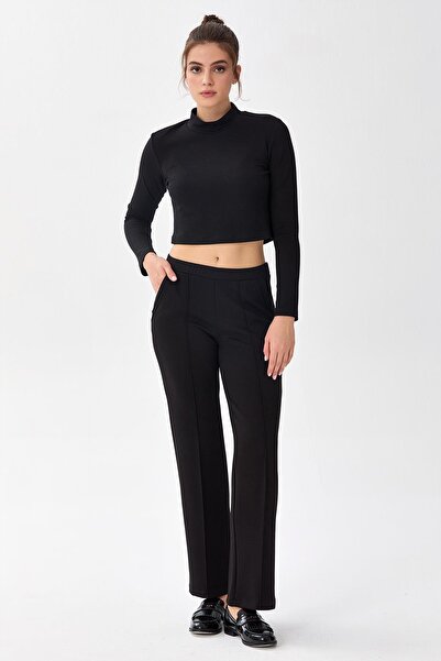 İKİLER Knitted Trousers with piped Elastic Waist Pockets on the Front