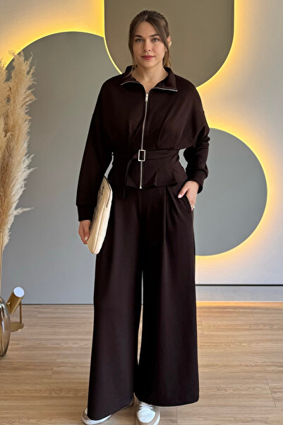 Aventien Premium Modal Fabric Belted Jacket Pants Brown Suit