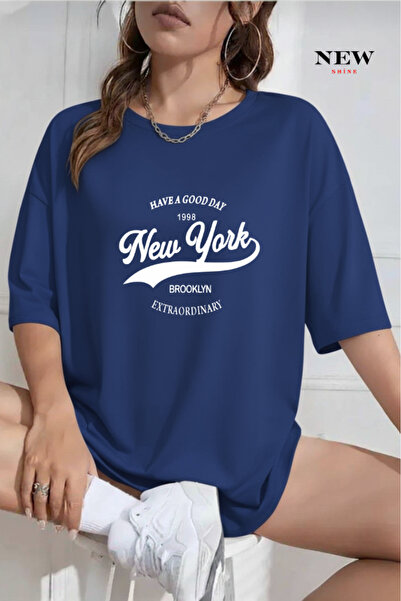 New Shine تي شيرت كبير الحجم مطبوع عليه نيويورك بروكلين