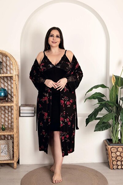 MOPİ Plus Size Very Stylish Long Sleeve Dressing Gown Suspender Nightgown Set