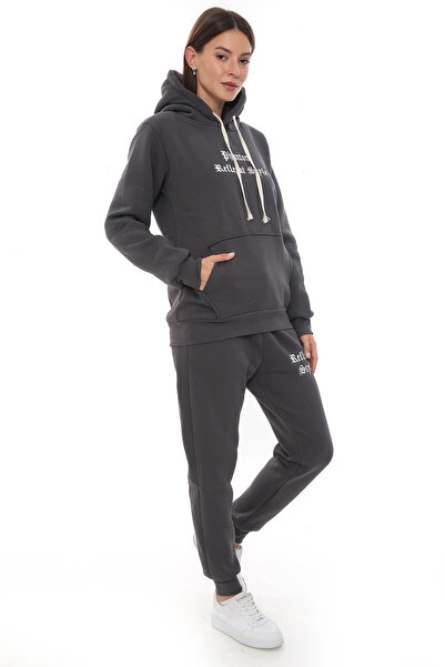 PHANTOM JEANS Σετ γυναικεία αθλητική φόρμα Smoked Chic Fleece με ελαστικό πόδι και τσέπες με κουκούλα Κεντητικές λεπτομέρειες Συμπαγές σετ