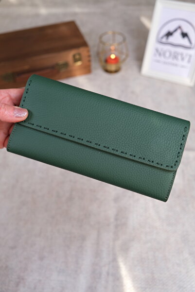 Norvi Leather Saraciye Stitched Genuine Leather Wallet with Phone Compartment Green 1052